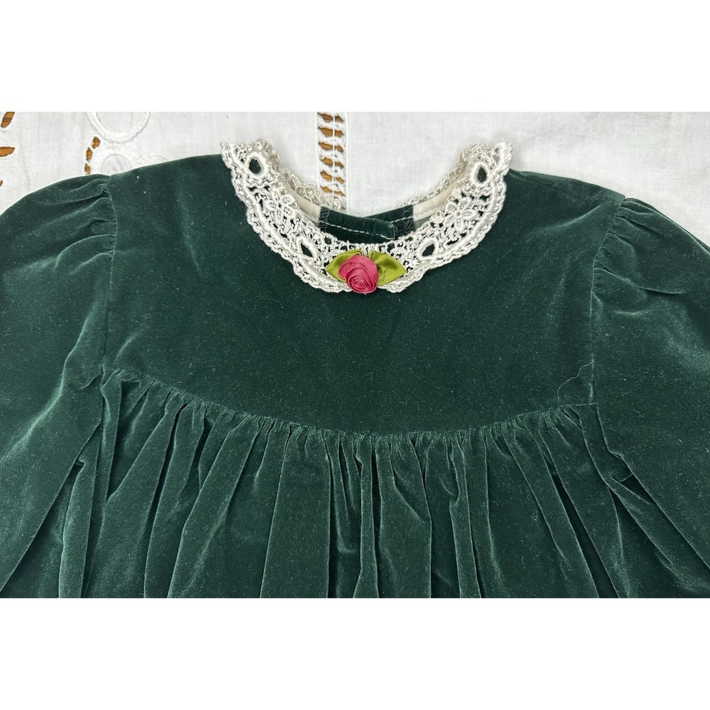 Jo Lene Made In USA -Vintage- 2T Green Velvet - Lace Rosettes - Picture 4 of 6